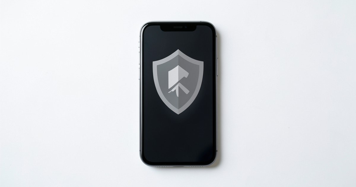 スマートフォンの画面の上にセキュリティを象徴する盾のアイコンが表示されている抽象的な画像。