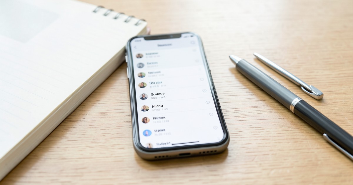 木のテーブルの上に置かれたスマートフォンとノート。画面には通話履歴が表示されています。