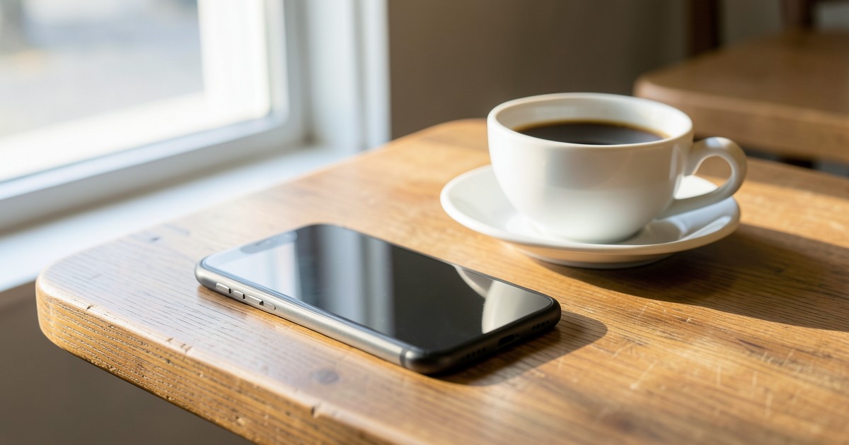 カフェのテーブルに置かれたスマートフォンとコーヒーの風景