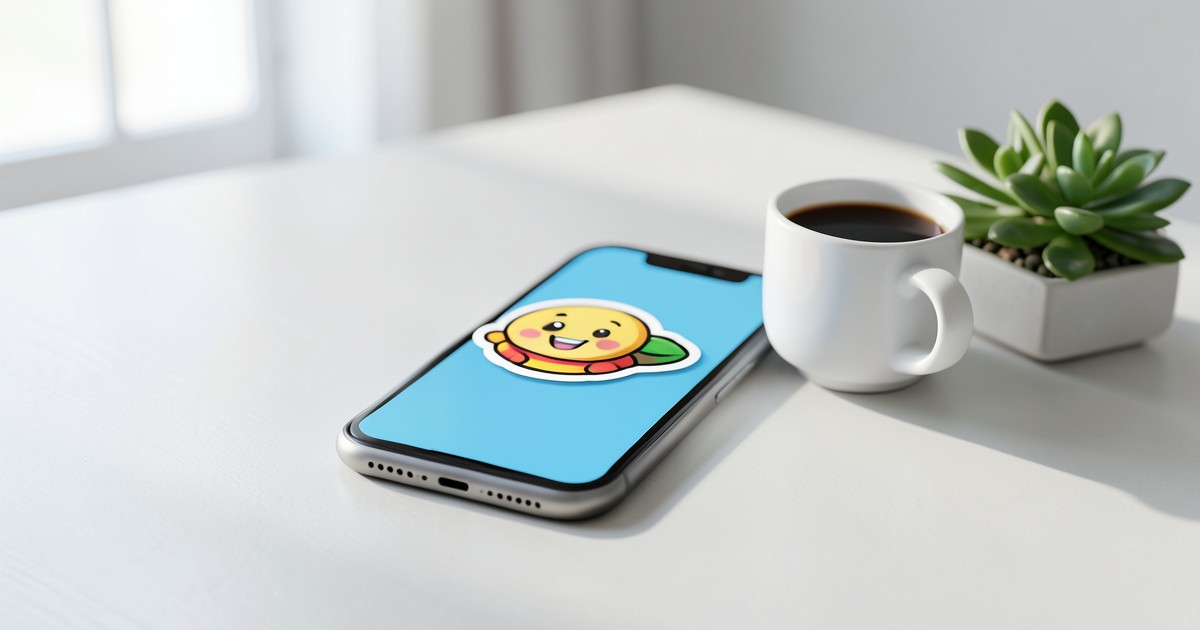 スマートフォンに表示されたカラフルなスタンプとコーヒーカップの画像。