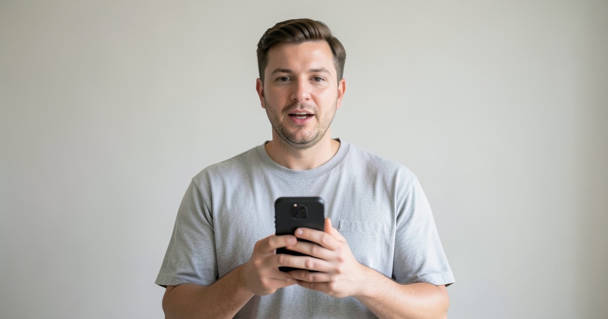 スマートフォンを手に持ち、ボイスメモを録音している人の様子。