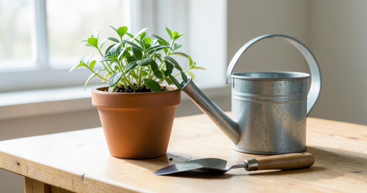 明るい窓際のテーブルに置かれた鉢植えの植物と園芸道具