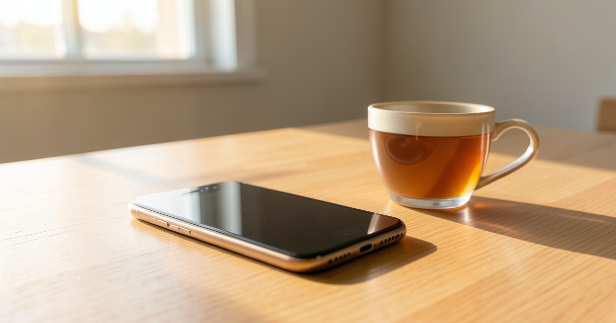 木のテーブルの上に置かれたスマートフォンとコーヒーカップ。
