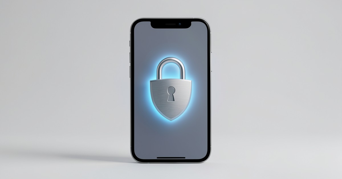 スマートフォン画面に盾と鍵のアイコンが表示され、セキュリティを象徴する抽象的な画像