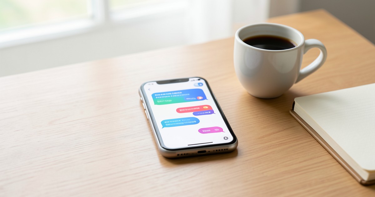 デスクの上に置かれたスマートフォンと、情報整理をイメージさせる抽象的なデザイン。