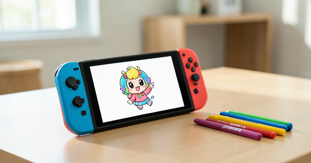 木製のデスクの上に置かれたニンテンドースイッチと、画面に映し出されたカラフルなキャラクターのイラスト