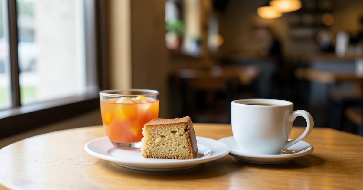 テーブルの上に並んだカフェ風のデザートとコーヒーの風景。