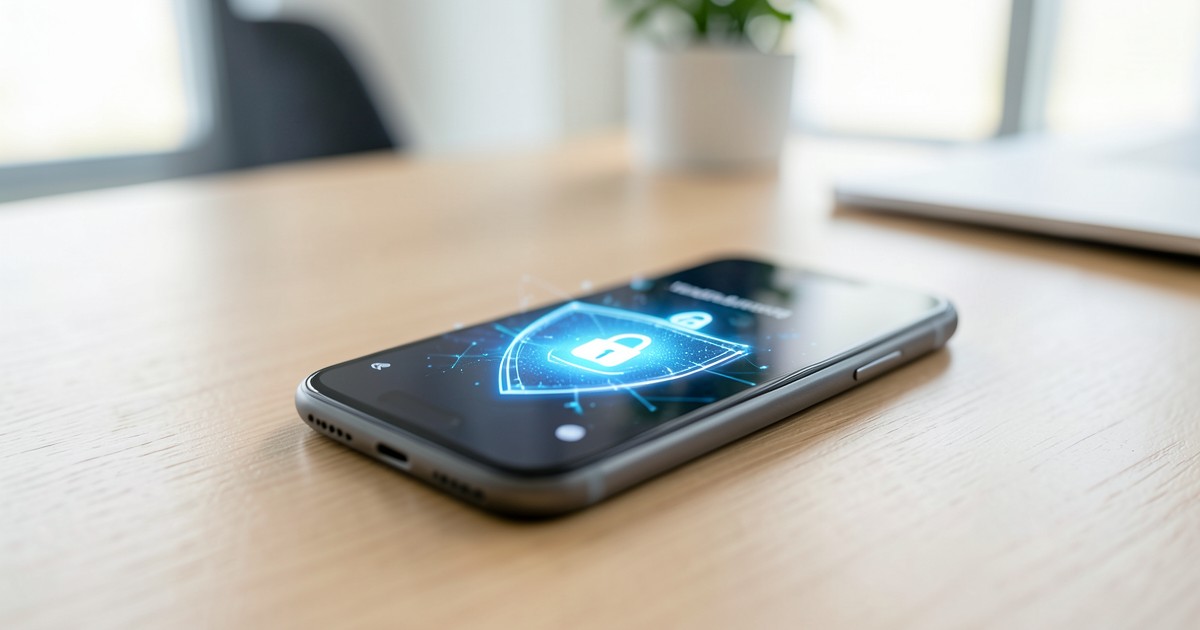 セキュリティを象徴する盾と南京錠のアイコンが表示されたスマートフォンのイメージ