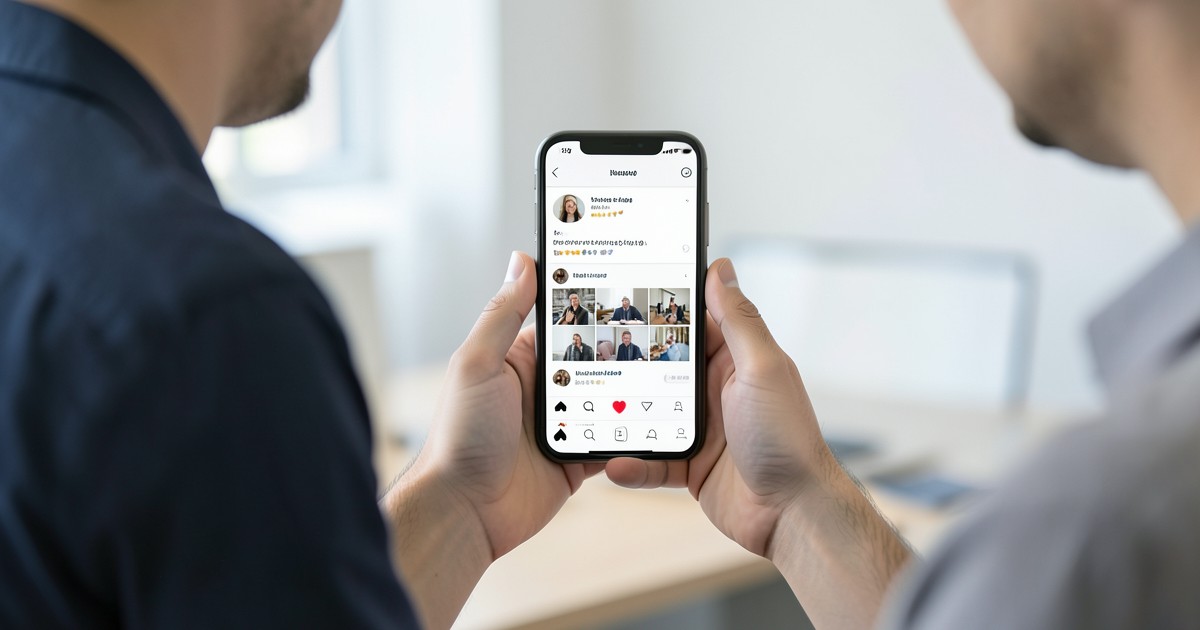 スマートフォンでSNSのフィード画面をチェックするマーケティング担当者の様子。