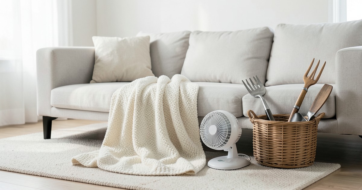 整然と並べられた冬の毛布や夏の扇風機などの季節用品