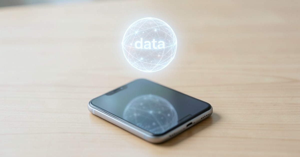 木製のデスクの上に置かれたスマートフォンと、データの安全を象徴する抽象的な光の演出。