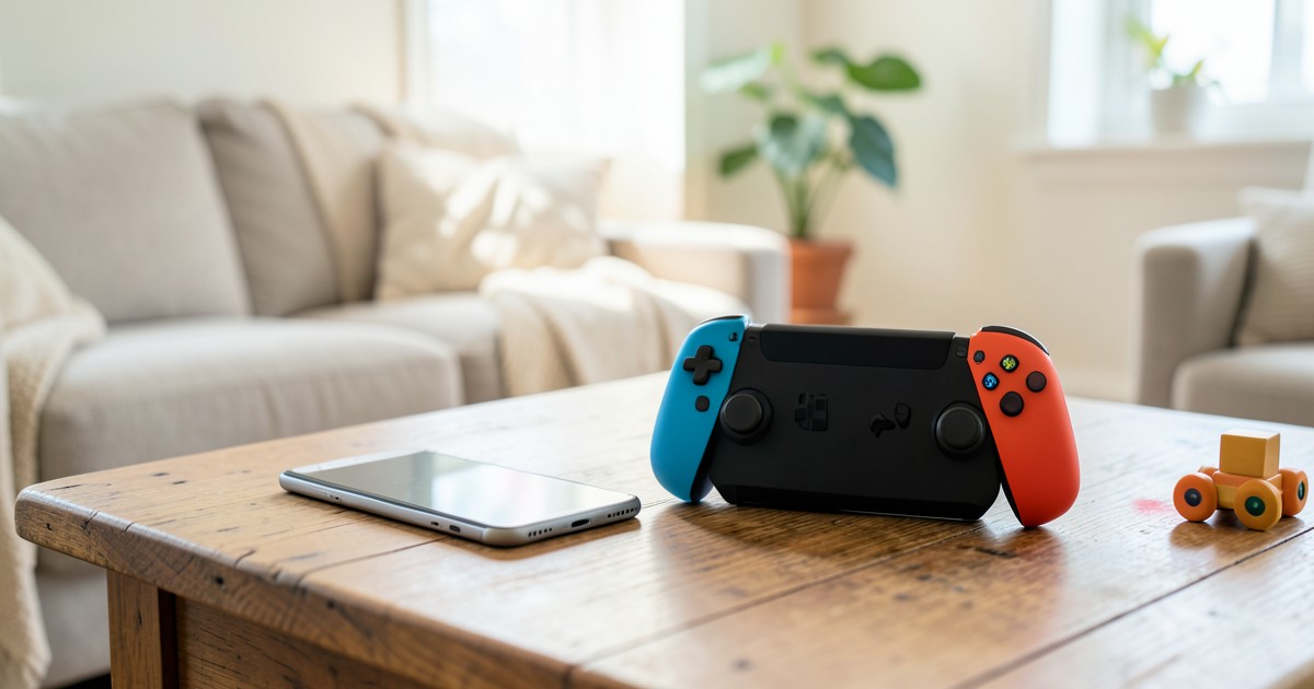 リビングのテーブルの上に置かれたスマートフォンとゲーム機