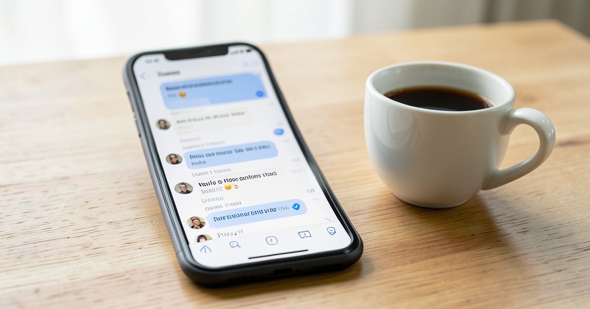 木のテーブルに置かれたスマートフォンとコーヒーの横にあるチャット画面のイメージ。