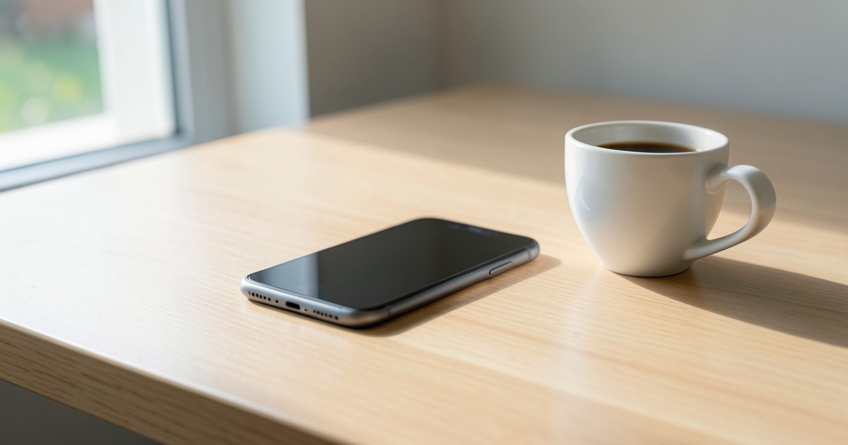 木のデスクに置かれたスマートフォンとコーヒーカップ。