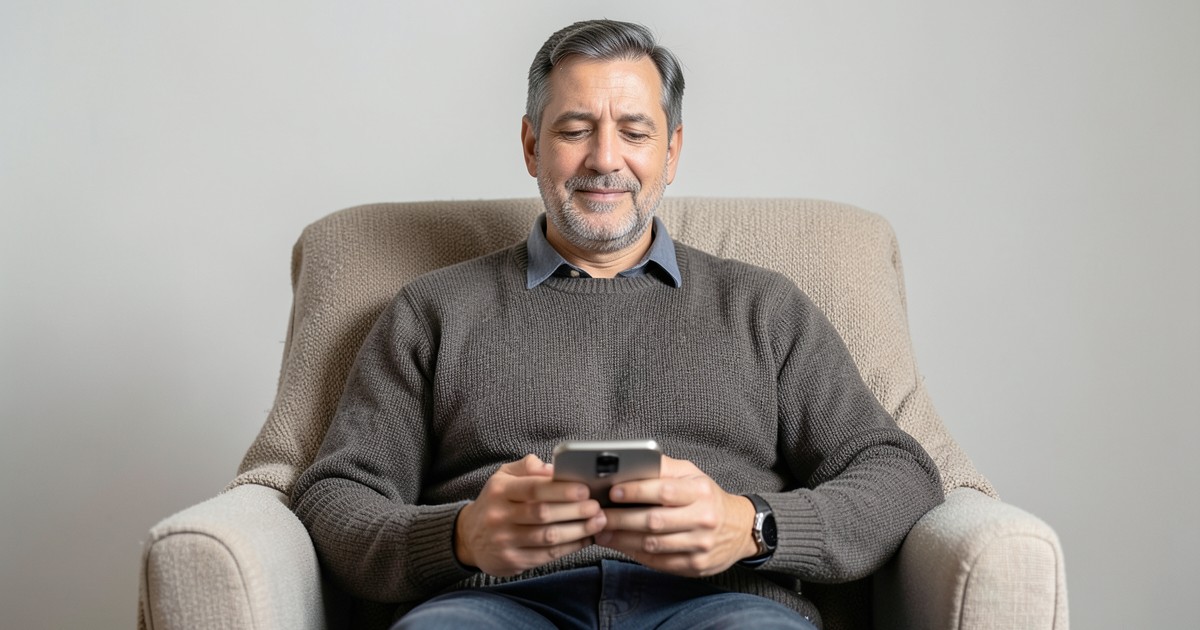 スマートフォンを手に持ち、リラックスした表情で動画を視聴する人のイメージ画像