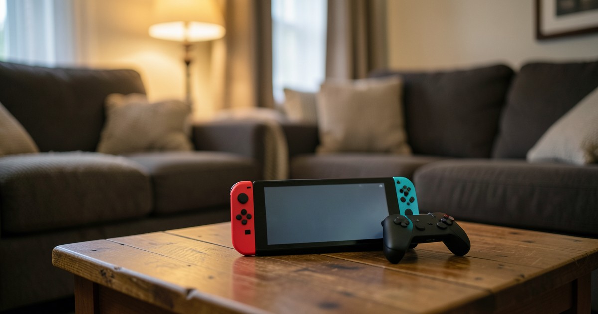 落ち着いた部屋のテーブルに置かれたニンテンドースイッチの本体とコントローラー。